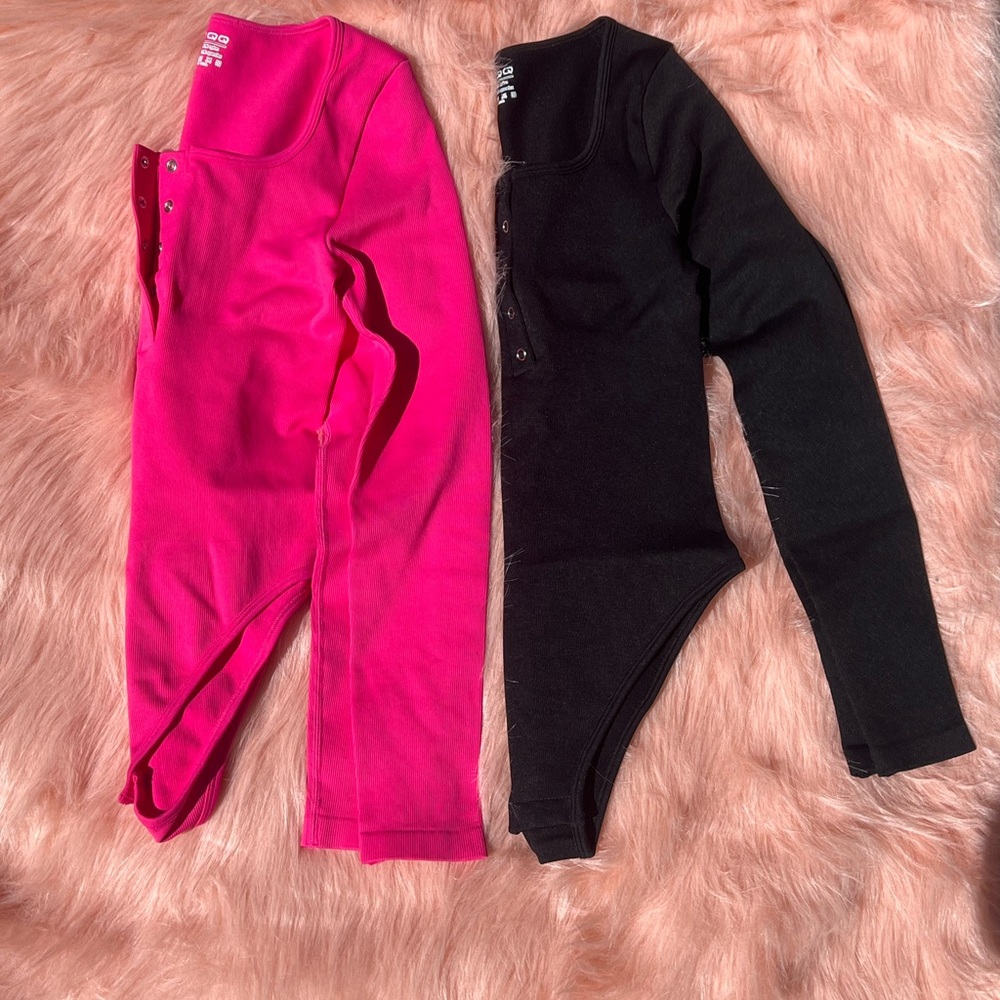 OQQ Pink and Black Long Sleeve Henley Bodysuit
